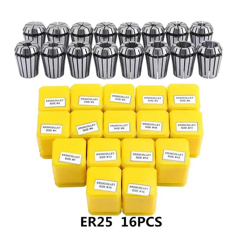 Precision Spring Collet Holder Set For Engraving CNC Milling And Lathe Tools 0.015mm Accuracy In ER25 size with protective cases.