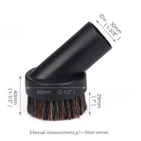Long Horse Hair Vacuum Brush With Universal Connector For 25Mm, 32Mm, And 35Mm Hose showing brush dimensions and horsehair bristles.