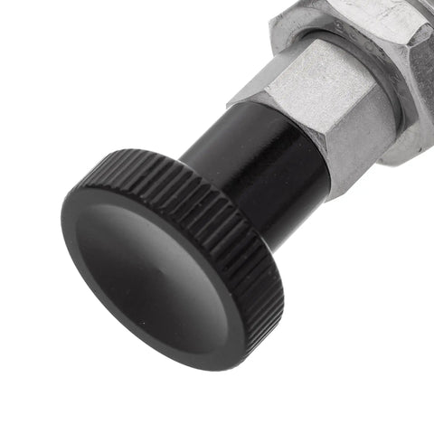 Professional Grade Stainless Steel Indexing Spring Plunger M12 X 1 Point 75 Thread 8 Millimeter Retractable Pin With Hex Adjustment Knob close-up of black adjustment knob