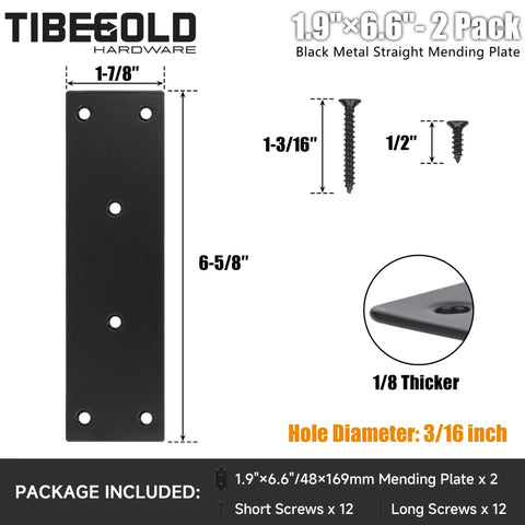 Heavy Duty Bulletproof Black Mending Plates For Wood Furniture And Fence Fixes, Double Wide Steel Brace Brackets With Rust Proof Coating And Hardware, No Fuss 2 Pack, 1.9x6.6 inch size.