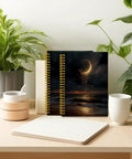 Celestial Moon Ocean Beach Notebook Journal For Women on a desk with plant and mug, spiral-bound 5.5x8.3 inches