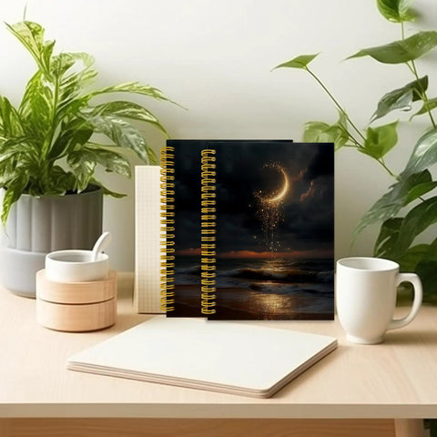 Celestial Moon Ocean Beach Notebook Journal For Women on a desk with plant and mug, spiral-bound 5.5x8.3 inches