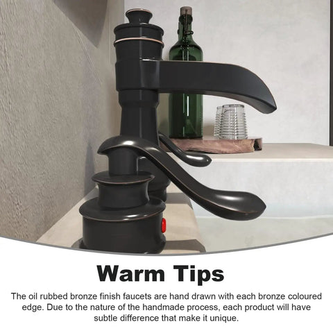 Waterfall Widespread Bathroom Faucet With Oil Rubbed Bronze Farmhouse Finish 8 Inch Spread Twin Handle 3 Hole Design Pop Up Drain Stopper Including Overflow And Supply Lines Vanity Lavatory Sink Parts For Easy Install featuring close-up of spout and handles in bathroom setting