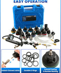 Pro Grade Coolant Pressure Tester And Radiator Vacuum Refill Kit Including 24 Universal Adapters For All Domestic And Import Cars Hella Compatible Auto Cooling Diagnostic Tool with brass connectors and tools displayed in a blue case.