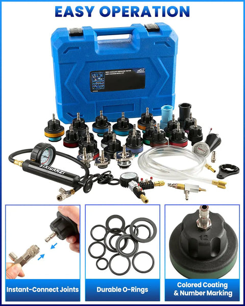 Pro Grade Coolant Pressure Tester And Radiator Vacuum Refill Kit Including 24 Universal Adapters For All Domestic And Import Cars Hella Compatible Auto Cooling Diagnostic Tool with brass connectors and tools displayed in a blue case.