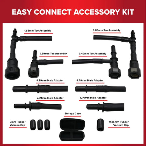 EVAP Bundle Smoke Machine Adapter Kit components laid out with various tee and male adapters plus storage case.