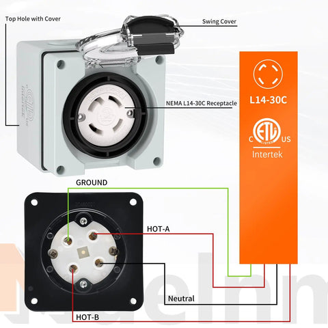 Outdoor Ready 30 Amp Nema L14 30C Locking Female Connector Power Box 125 250 Volt Weatherproof Dustproof For Generators