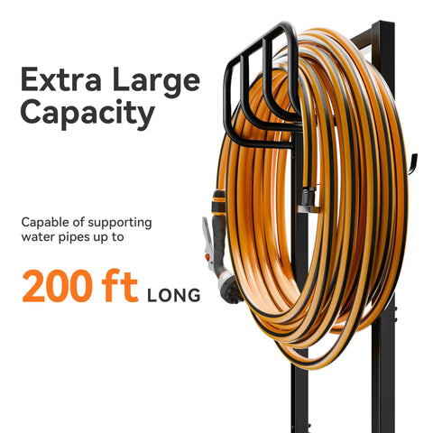 Freestanding Heavy Duty Garden Hose Holder Stand with rustproof steel build holding orange hose, suitable for 200ft length.