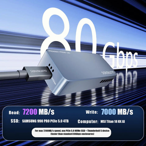 Next Level 80Gbps M.2 NVMe SSD Enclosure Packed With Intel JHL9480 B2 Chipset showcasing sleek design and Thunderbolt connection.
