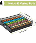 Neat And Tidy 50 Pod Vertuo Capsule Holder With Crystal Tempered Glass Top, dimensions 12.72x15.44, filled with colorful pods