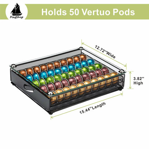 Neat And Tidy 50 Pod Vertuo Capsule Holder With Crystal Tempered Glass Top, dimensions 12.72x15.44, filled with colorful pods