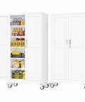 Heavy Duty Metal Garage Storage Cabinet On Wheels With Lockable File Cabinets, Two Doors And Five Adjustable Shelves, 74 Inch Tall Tool Cabinet For Home Office Or Warehouse, Easy Assembly, White open with tools