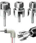 Kick Some Grass With This Killer 3 Piece Pvc Pipe Threader Set Designed For 1/2 And 3/4 And 1 Inch Plastic Pipes showing threading tools and drill attachment.