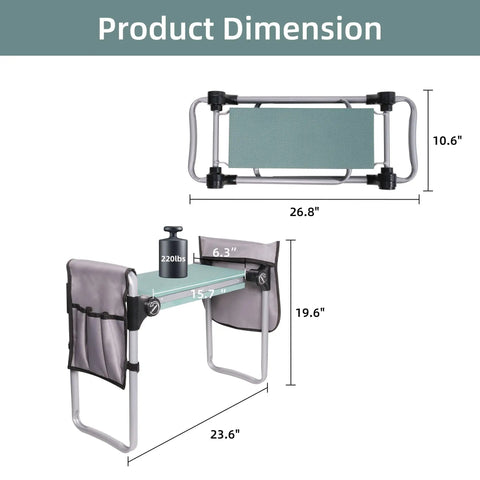 Dimensions of Go To Garden Kneeler And Seat Foldable Gardening Stool with 2 Tool Pouches and EVA Foam Pad in green.