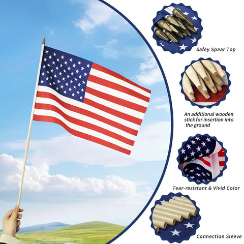 Hand holding an American flag from All American Flags On Sticks 12 By 18 Inch 12 Pack With 6 World Cup Themed Flags against a blue sky.
