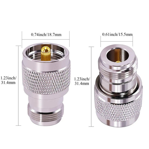 2 Pack UHF PL259 Male To N Female Straight Coax Adapter RF Coaxial Connector, silver, dimensions shown, for CB Ham Radio use