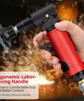 Tough Workhorse Right Angle Air Die Grinder Pulling 20000 Rpm With Rear Exhaust Design Included Oil Cup Plus 1/4 And 1/8 Collets held in hand, featuring ergonomic grip for better control.