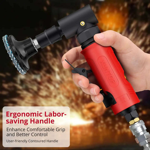 Tough Workhorse Right Angle Air Die Grinder Pulling 20000 Rpm With Rear Exhaust Design Included Oil Cup Plus 1/4 And 1/8 Collets held in hand, featuring ergonomic grip for better control.