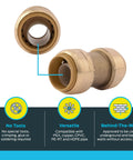 Close-up of Three Quarter Inch Straight Push To Connect Brass Plumbing Coupling Pack Of 12 No Tools Needed Quick Connect Fittings