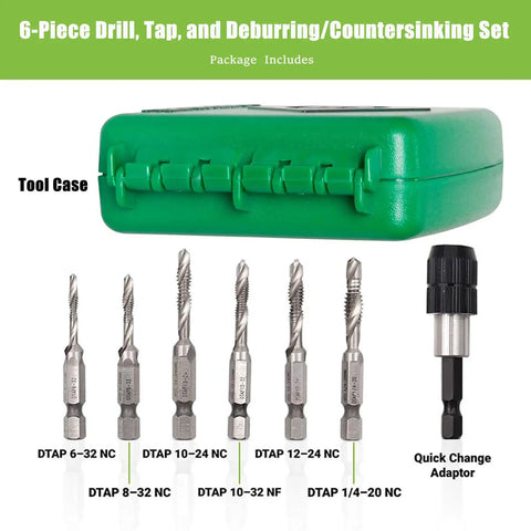Metal Drill And Tap Kit For Greenlee With Quick Change Adapter Pro Grade Six Piece Drill Tap Deburring Set shown in green case