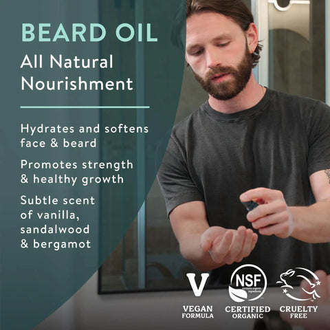 Man applying Organic Babassu and Jojoba Beard Oil with Pomegranate for Healthy Growth Non Greasy Lightweight Formula for Dry Skin
