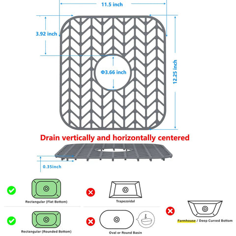 Diagram of silicone sink protector mat for kitchen sink grid with design details and measurements; non-slip cushion and drain hole.