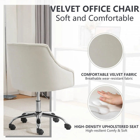 Soft Velvet Office Chair With 360 Degree Swivel And Height Adjustable Desk Chair Cushioned Seat Backrest And Armrests White