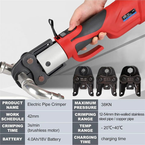 Heavy Duty Electric Hydraulic Pipe Press Tool With 38kN Force And Fast 3s Crimping Speed showing ergonomic cordless design and interchangeable heads.