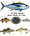 Bulk Fishing Hooks Set 400 Pcs Assorted Sizes for Freshwater and Saltwater Fishing with various fish types and hooks shown.