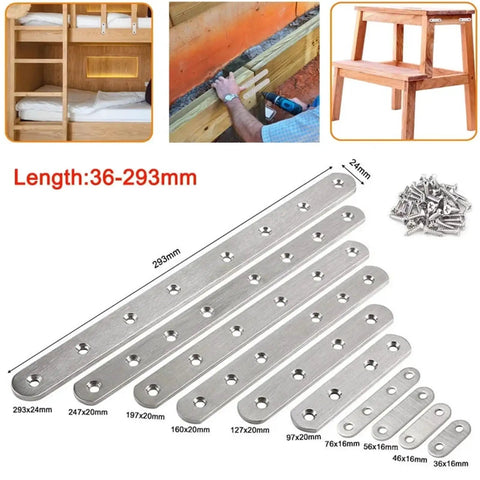 80 Piece Stainless Steel Flat Plate Brackets Heavy Duty Wood Furniture Corner Supports showing various sizes and screws, including 293mm x 24mm.