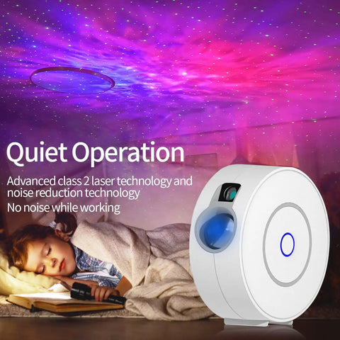 Smart Galaxy Star Projector with Nebula Night Light casting colorful aurora on ceiling above sleeping child, highlighting quiet operation.