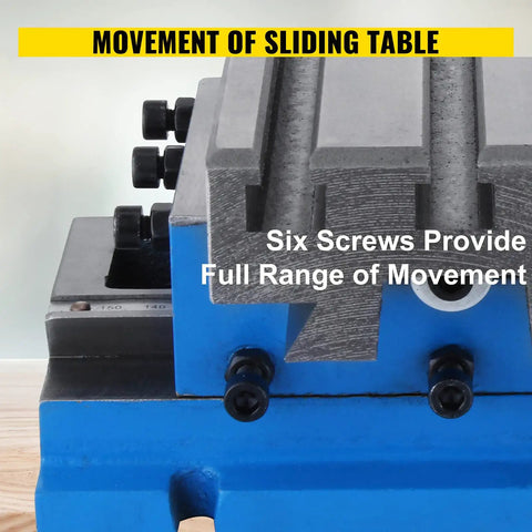 Close-up of precision milling cross slide table, showing T-slot and six screws for movement, 7.3 by 4 inch work surface.
