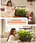 Woman using Smart Indoor Garden Kit With 24W Full Spectrum Grow Light 15 Pods Hydroponic System For Fresh Herbs.