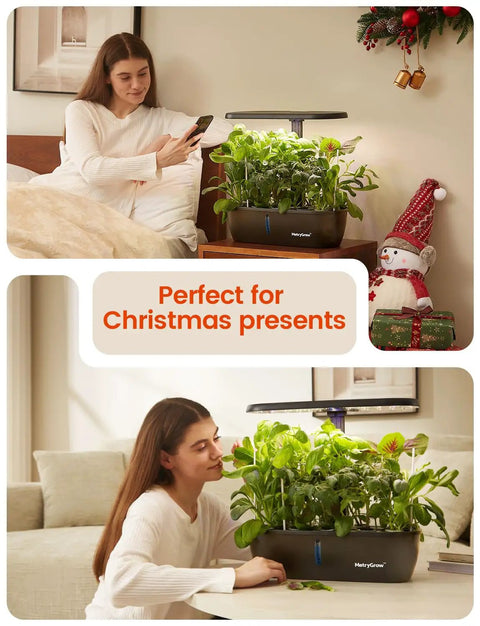 Woman using Smart Indoor Garden Kit With 24W Full Spectrum Grow Light 15 Pods Hydroponic System For Fresh Herbs.