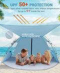 Family relaxing under CumbreX Beach Tent Sun Shelter With Built In Canopy Pop Up 4 To 5 Person Beach Cabana UPF 50 Plus Sky Blue