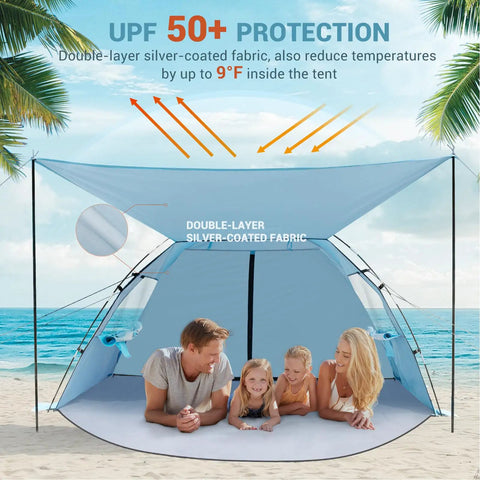 Family relaxing under CumbreX Beach Tent Sun Shelter With Built In Canopy Pop Up 4 To 5 Person Beach Cabana UPF 50 Plus Sky Blue
