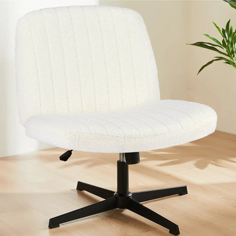 Cozy Teddy Beige Criss Cross Furry Armless Office Chair With Wide Seat, height adjustable swivel, stable black base, no wheels