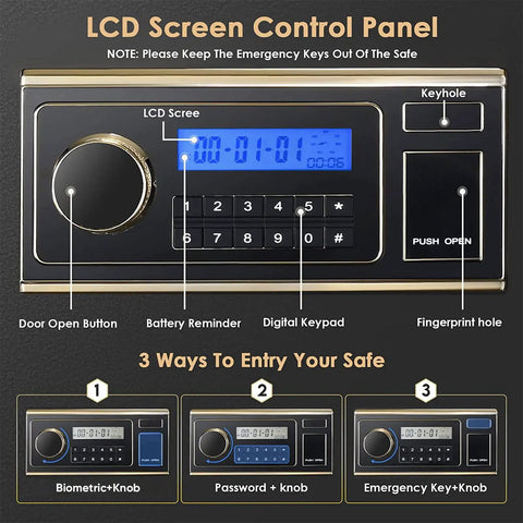 Fireproof Safe With Biometric Access, Waterproof 1.4 Cubic Foot Electronic Digital Security Safe For Home Office LCD panel