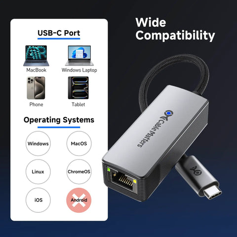 USB-C To 10Gb Ethernet Adapter With USB4 And Thunderbolt 5/4/3 Compatibility shown with compatible devices and systems