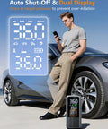 Portable Tire Inflator Air Pump With 150 PSI Rechargeable Cordless Power Digital Pressure Gauge next to a man and car tire