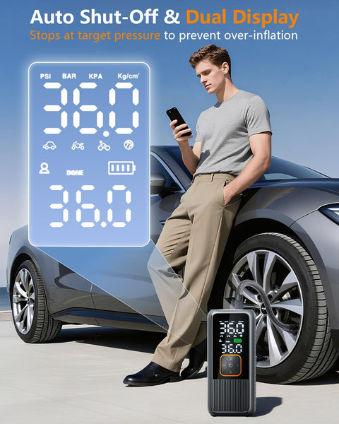 Portable Tire Inflator Air Pump With 150 PSI Rechargeable Cordless Power Digital Pressure Gauge next to a man and car tire