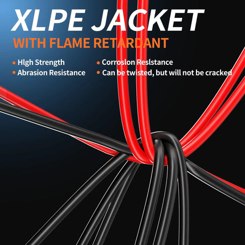 10AWG Solar Extension Cable Kit with red and black pairs showcasing abrasion resistance and XLPE jacket flame retardant features.