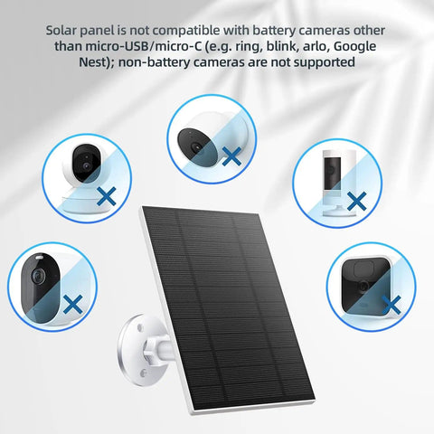 5W Outdoor Security Camera Solar Panel With Micro USB And USB C Ports Solar Charger for DC 5V Battery Cam compatibility details.