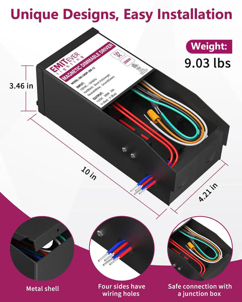 Heavy Duty 288W 12V Magnetic Dimmable LED Driver Power Supply Converts 120V AC To 12V DC With Smooth No Fuss Dimming Compatible With Lutron And Leviton Dimmer Switches Forward Phase MLV TRIAC Dimmers black metal shell with wiring holes and junction box