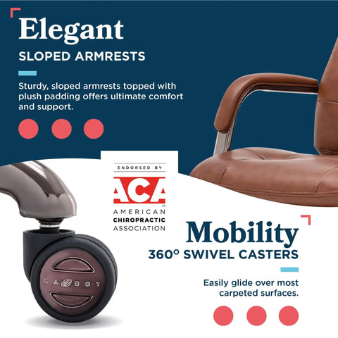 Tufted Executive Office Chair With Double Layer Cushion, Padded Armrests, Ergonomic Back Support, Bonded Leather Finish In Cognac And Graphite showing sloped armrest and caster wheel