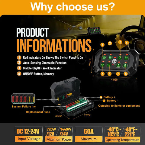 Diagram of 8 Gang Toggle Momentary Pulsed Switch Panel With Wireless LED Touch Control Box for cars and boats, IP65 waterproof.