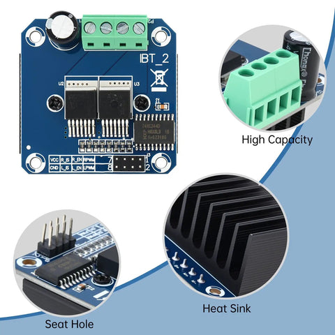 BTS7960 43A H Bridge Beefy High Power Motor Drive Module for Robotics and Smart Cars Isolated 5V Supply Dual Channel DC Motor Driver Board with 5V MCU Compatibility, blue PCB with heat sink and screw terminals