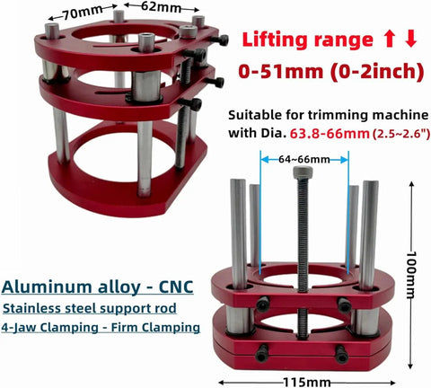 Workhorse Heavy Duty Woodworking Router Lift With Clear Scale Dial In Precision Mount Rock Solid Aluminum Alloy Insert Plate Built Tough Fits 64 To 66 Mm Motors Smooth Control Black, showing lifting mechanism and dimensions.