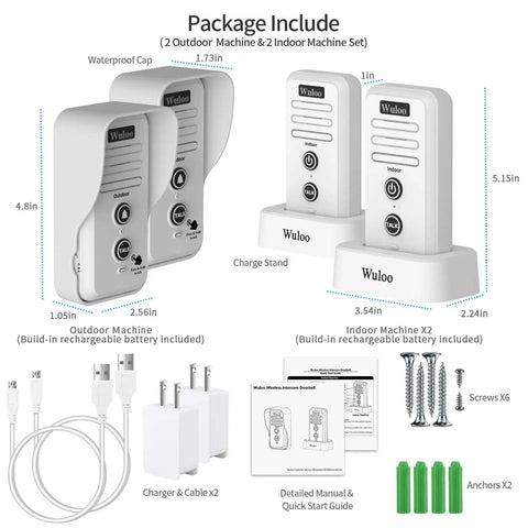 Expandable Wireless Intercom Doorbell Chime For Home No Wiring Needed Easy Plug And Play Setup Indoor Outdoor Ready Pair With 2 Transmitters And Receivers Quick Entry Security White 2T2 Kit shown with accessories
