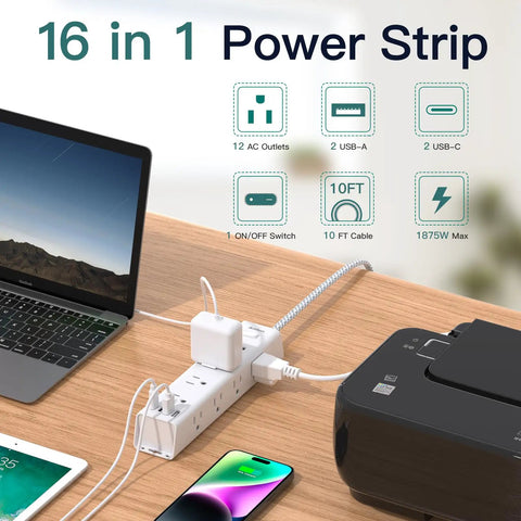 Power Strip With 12 Wide Outlets And 4 USB Ports, 10 Ft Flat Plug Extension Cord, used on desk with laptop and printer